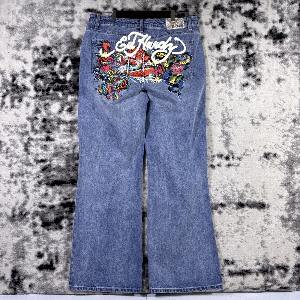 New Y2k Ed Hardy Jeans Mens Size 34 Light Wash Baggy Skater Streetwear Punk Koi